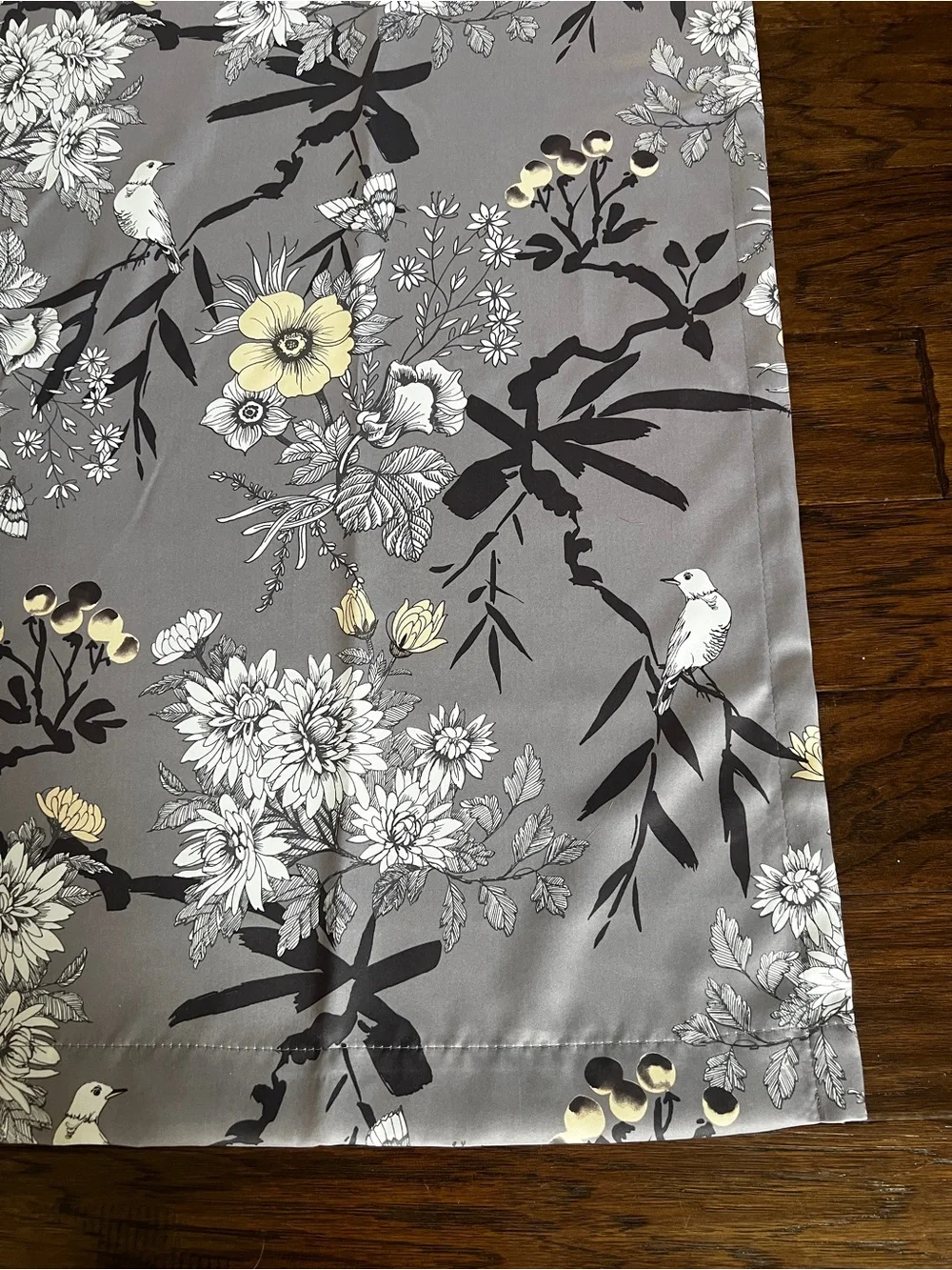 4 Floral Satin Curtain Panels in Gray with Yellow Accents